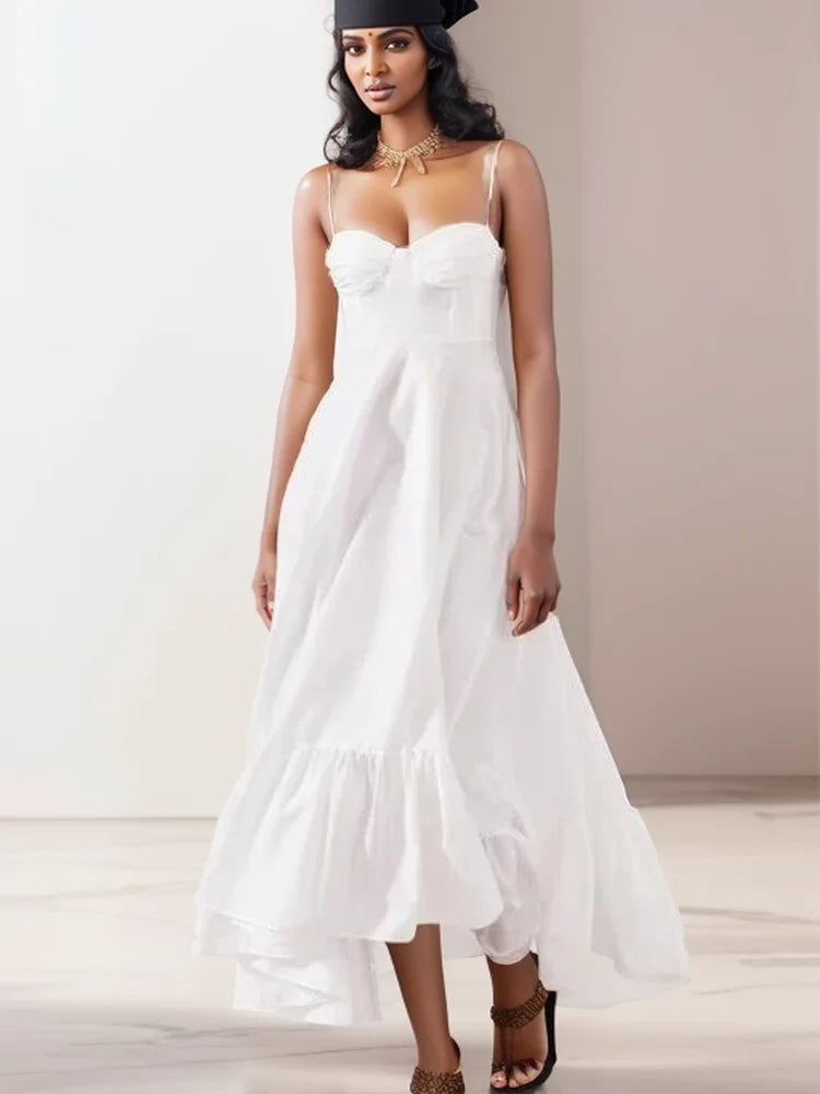 Bonnyshow Y2K new summer French commuting style backless layered decorative poplin white suspender dress