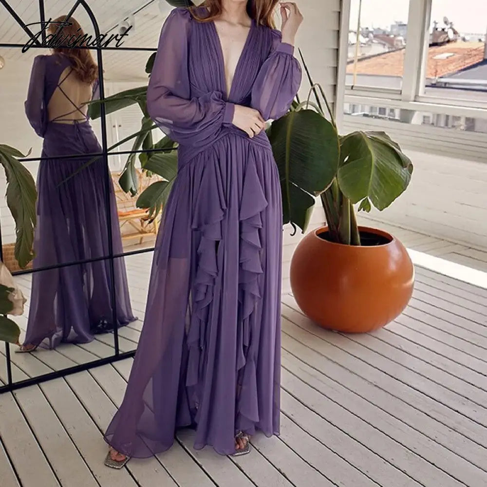 Tavimart Fashion Long Sleeve Deep V-neck Hollow Beach Dress Women Sexy Backless Tie-up Ruffle Dress Ladies Casual Solid Loose Dresses New