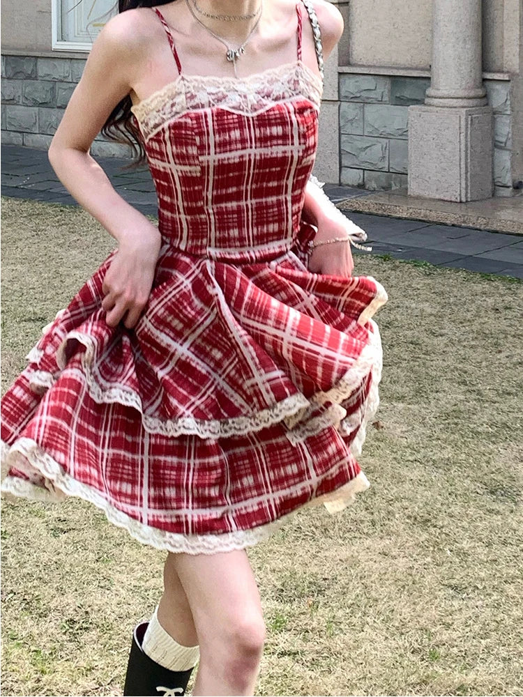 Bonnyshow Summer Dresses Red Plaid Suspender Sweet Spicy Girl A-line Cake Puffy Short Skirt Formal Occasion De Noche Dress for Women Bonnyshow Summer Dresses Red Plaid Suspender Sweet Spicy Girl A-line Cake Puffy Short Skirt Formal Occasion De Noche Dress for Women