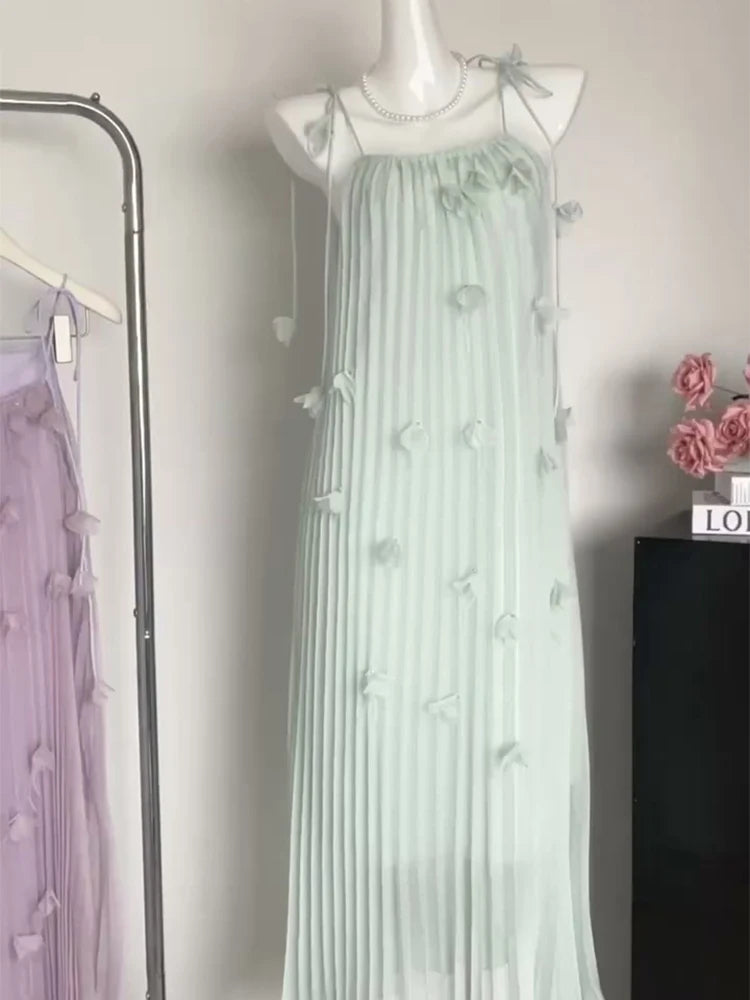 Bonnyshow Woman Chiffon A-Line Dress Gauze Halter Dress Square Neck Spaghetti Strap Off Shoulder Fairy Core Frocks One-Piece Aesthetics