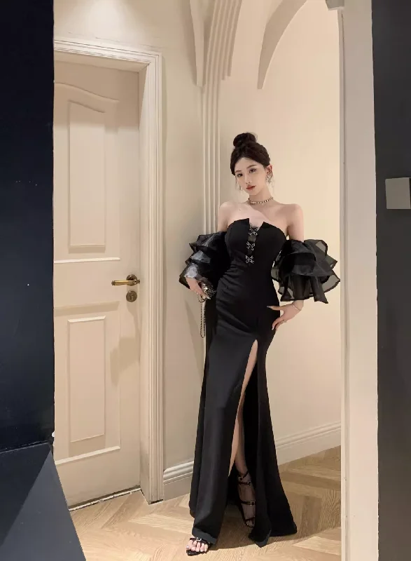 Bonnyshow Black sexy strapless dress with flared sleeves