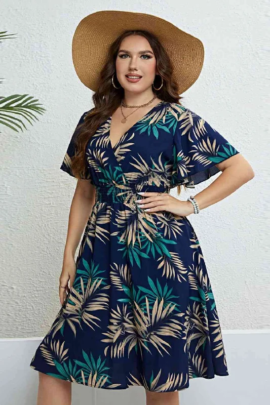 Botanical Print Flutter Sleeve Smocked Waist Dress Tunics Vintage classic