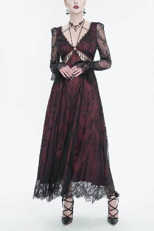 Red Lace Appliqu Adjustable Waist Cutout Women's Gothic Dress Tunics Versatile all-occasion